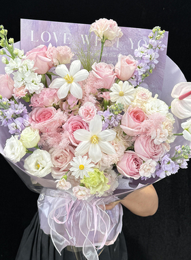原创鲜花速递同城北京粉玫瑰花束花店白色郁金香兰龙胆生日配送花