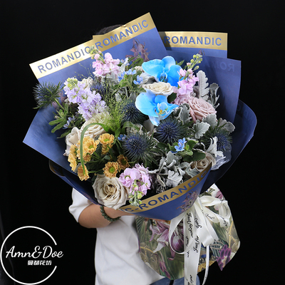教师节混搭蓝色蝴蝶兰曼塔玫瑰花束花店生日配送鲜花速递同城北京