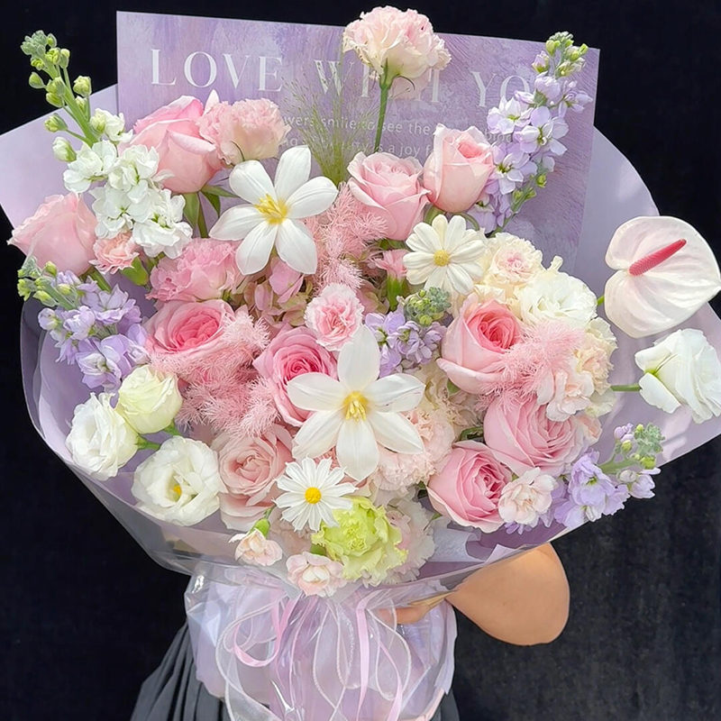 混搭鲜花速递同城北京粉红雪山玫瑰花束花店紫罗兰生日配送花FH05