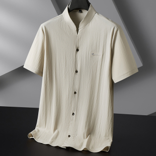 亚麻短袖 胖子宽松短袖 衬衫 280斤肥佬男士 夏 V领T恤加肥加大码 新款