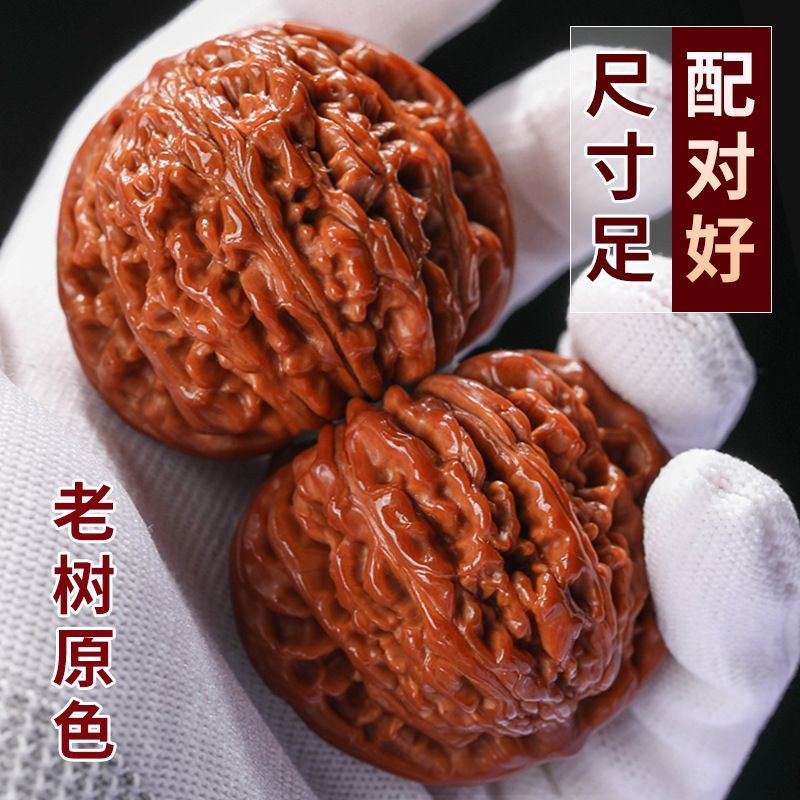 文玩核桃手玩把件四座楼三棱大官帽麒麟纹精对核桃手把件古玩