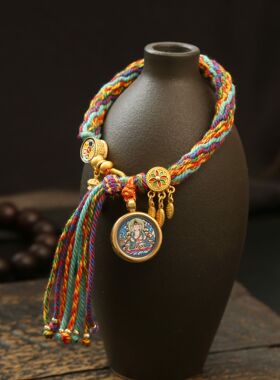 八大守护神唐卡手串藏式装饰品女士手链手工编织 国潮手串七彩绳