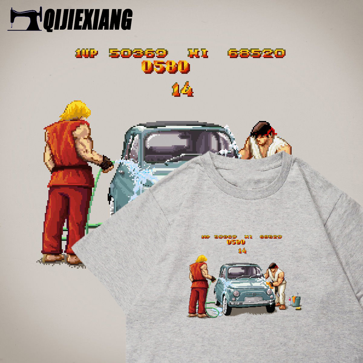 柒街巷夏季复古怀旧游戏街头霸王重磅全棉T恤230g圆领潮短袖男女