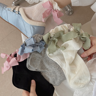 miu系 蝴蝶结飘带袜子女短筒袜ins潮日系可爱甜美中筒棉袜百搭夏季