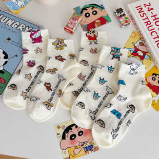 可爱卡通小新袜子女纯棉中筒袜韩版 ins潮日系甜美学院风百搭长袜