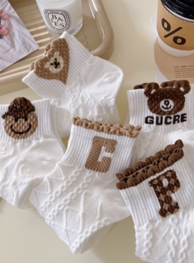 春夏季白色袜子女短袜薄款韩版立体卡通小熊纯棉运动船袜低帮浅口