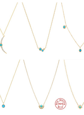 S925纯银绿松石月亮扇形吊坠锁骨链欧美法式风INS高级感项链项饰