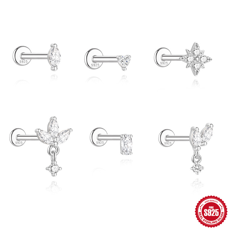 欧美时尚ins简约花瓣莫桑钻s925纯银螺纹穿刺软骨耳钉16G耳骨钉