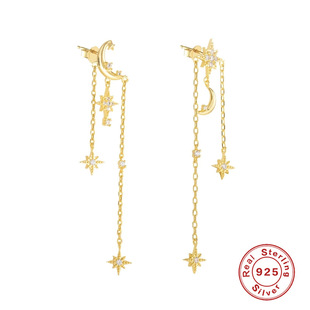 S925纯银ins风流苏星星月亮镶钻耳钉耳环日韩气质晚宴穿搭耳饰女