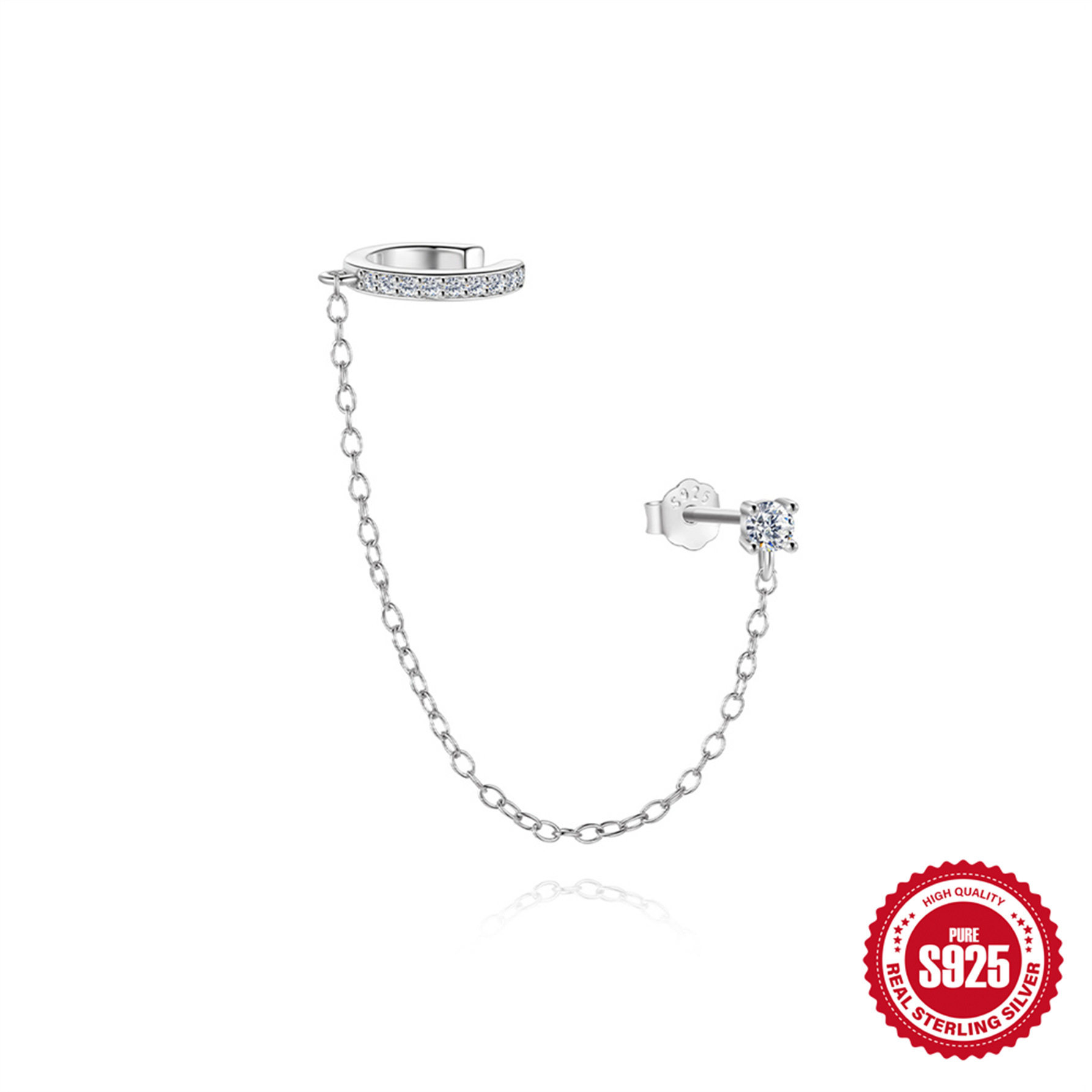 欧美s925纯银日常佩简约单排莫桑钻流苏耳夹耳钉流苏耳线耳饰女