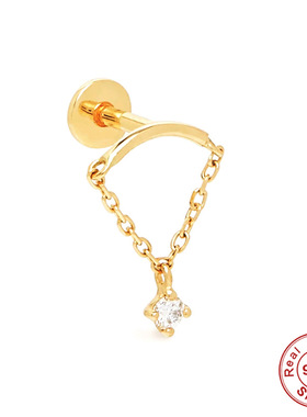 S925纯银镶钻流苏链条平头螺纹穿刺耳骨钉欧美时尚百搭INS风耳饰