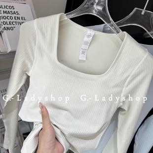 方领显瘦无缝坑条固定杯长袖瑜伽T恤 带胸垫运动上衣