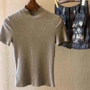 灰色性感露背立领纯色打底衫 短袖 修身 女夏季 纯棉晒背衣服 上衣小衫