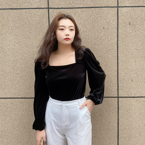 法式金丝绒上衣方领灯笼袖大码女
