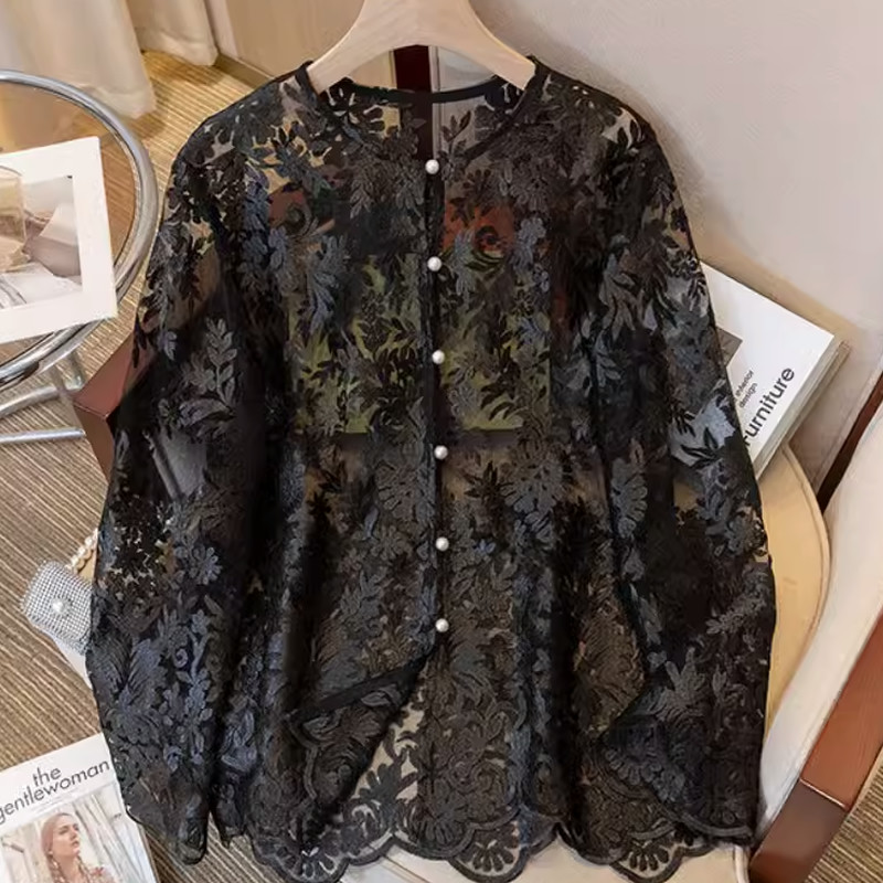 蕾丝罩衫女配吊带裙的外披夏大码胖MM刺绣纱网镂空花边黑薄纱上衣