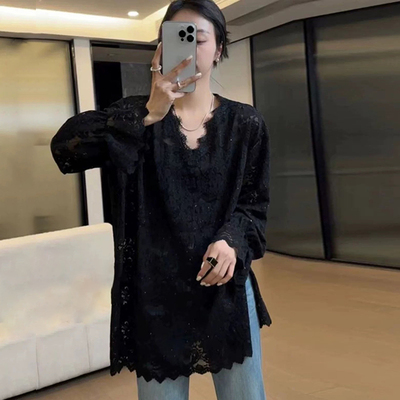 宽松中长蕾丝衫女打底衫蕾丝花边