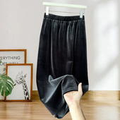 丝绒半身裙女秋冬春加绒黑色高腰通勤高级感开叉大码 长款 直筒半裙