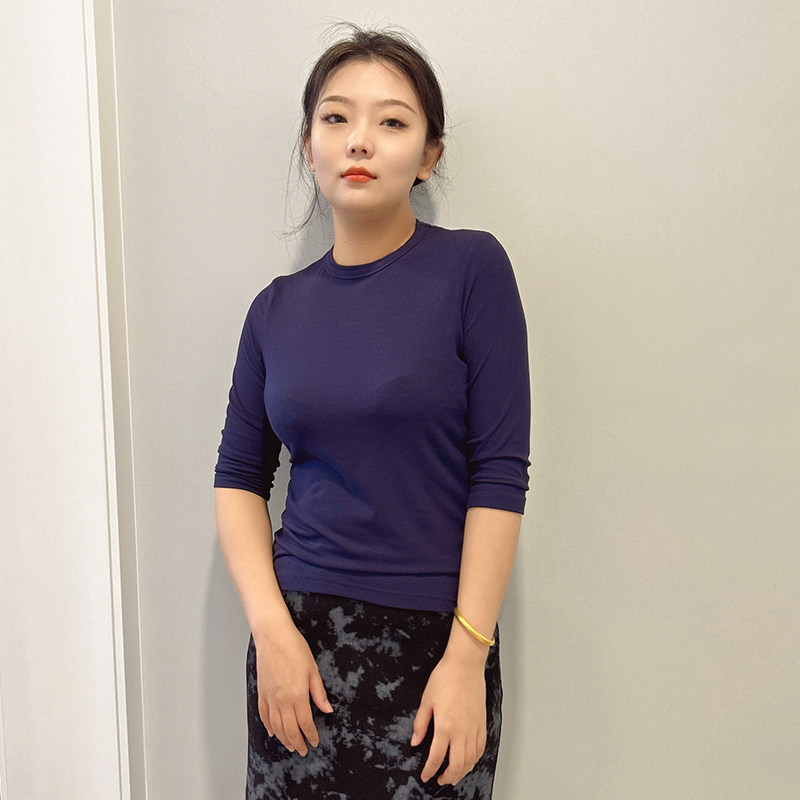 藏蓝色中袖打底衫女内搭T恤秋冬款时尚显瘦大码秋衣正肩纯棉上衣