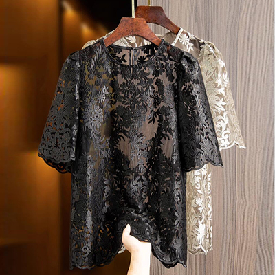 蕾丝镂空罩衫大码蕾丝打底衫短袖