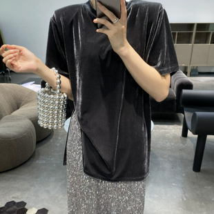 内搭高级感上衣圆领打底衫 短袖 宽松显瘦金丝绒大码 小衫 T恤女韩式