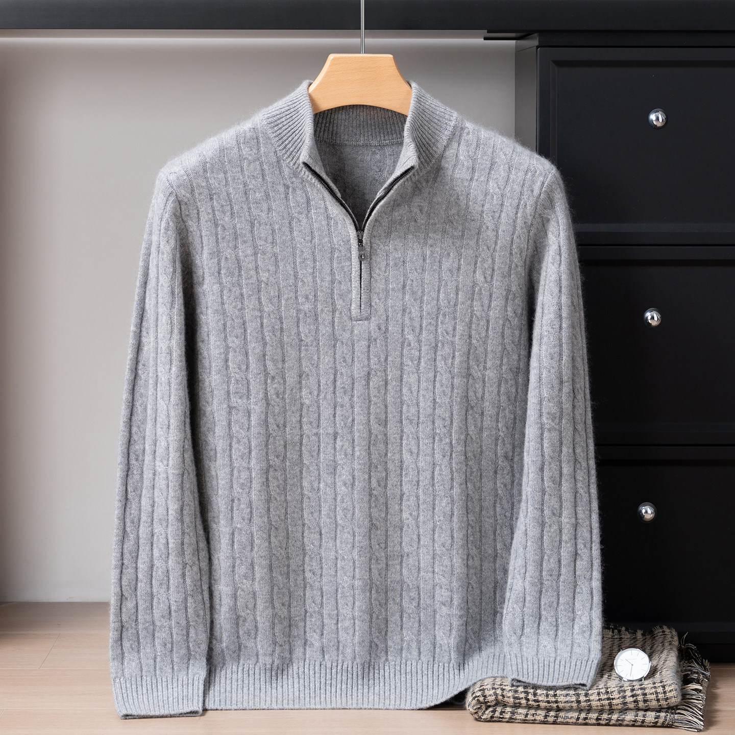 康赛妮~七针加厚扭花100%纯羊绒衫男半拉链立领毛衣轻奢极简风,男装,羊绒套衫,淘宝优惠券,粉丝福利购,淘宝优惠卷