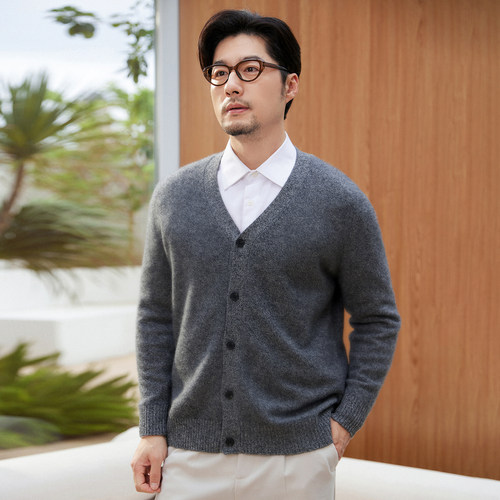 康赛妮100%羊绒男V领加厚开衫