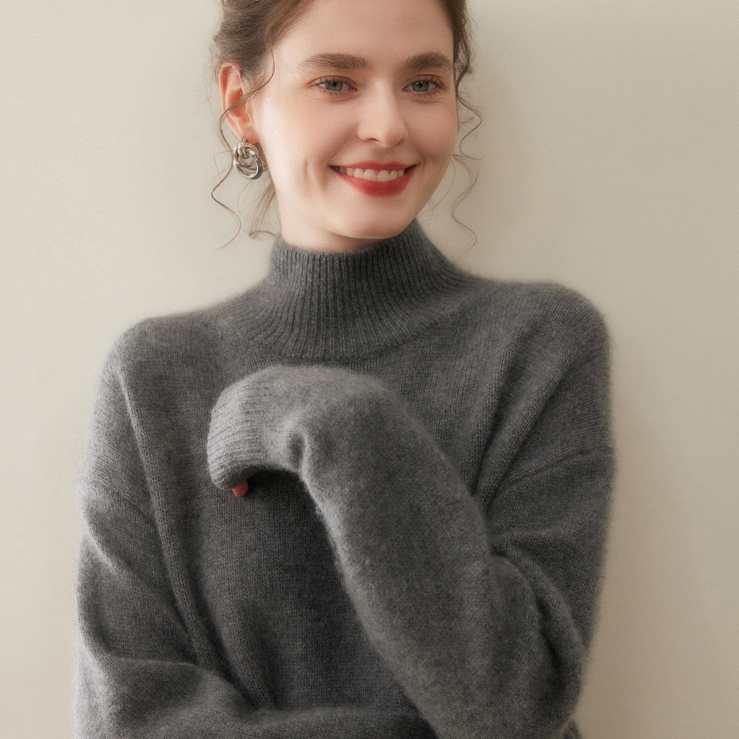 30%~含量款山羊绒衫女半高领加厚宽松开叉落肩针织打底衫百搭毛衣,女装/女士精品,羊绒衫,淘宝优惠券,粉丝福利购,淘宝优惠卷