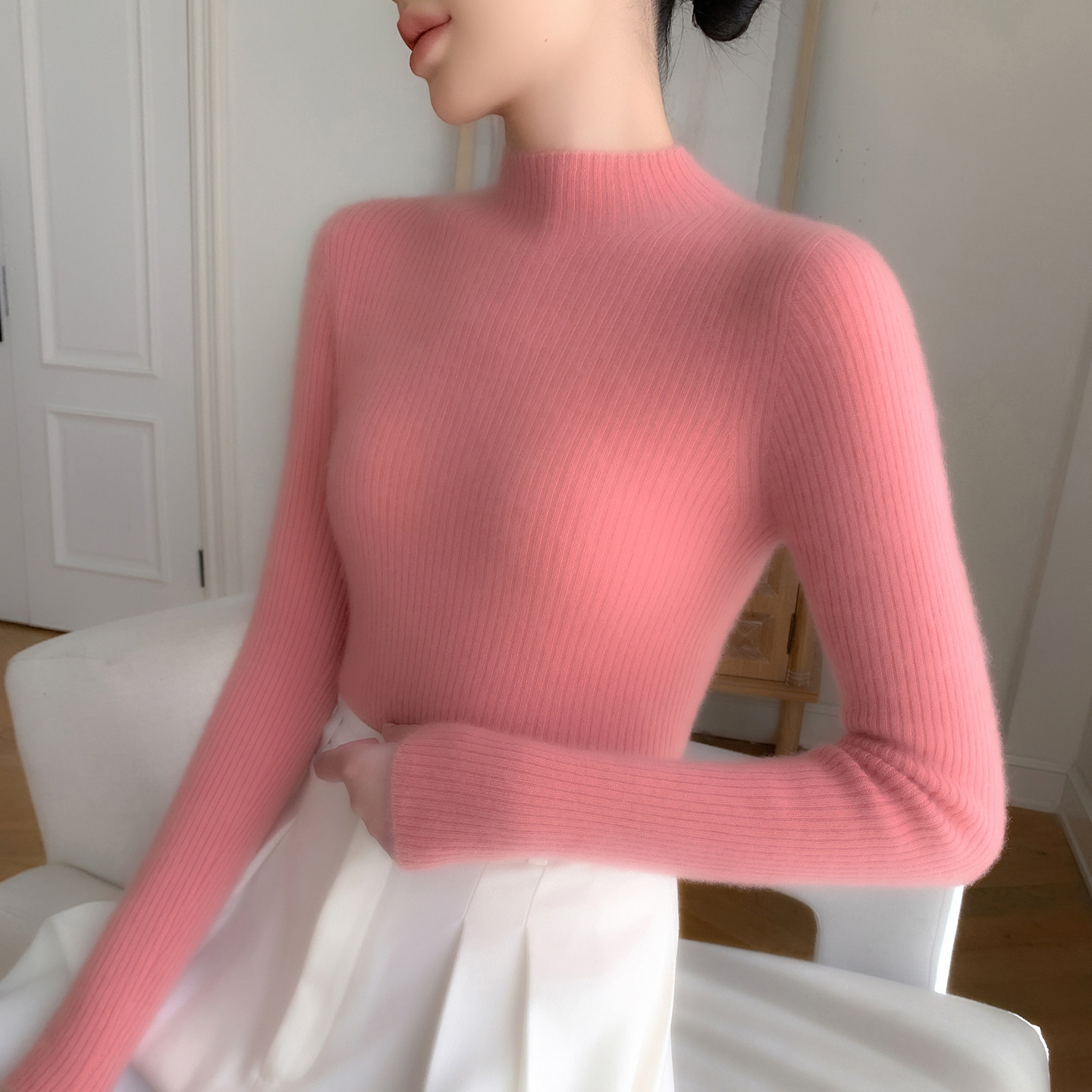 12针抽条极简风半高领山羊绒衫女修身显瘦一线成衣针织打底衫毛衣,女装/女士精品,羊绒衫,淘宝优惠券,粉丝福利购,淘宝优惠卷