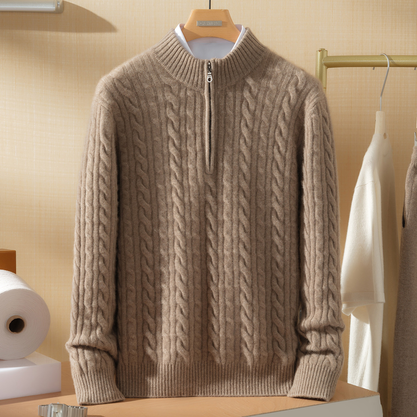 康赛妮LP同款七针100%纯羊绒衫男士半开半高领拉链麻花纹加厚保暖,男装,羊绒套衫,淘宝优惠券,粉丝福利购,淘宝优惠卷