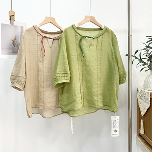 古韵夕木2025夏季新款高端苎麻上衣女文艺复古盘扣流水设计感T恤
