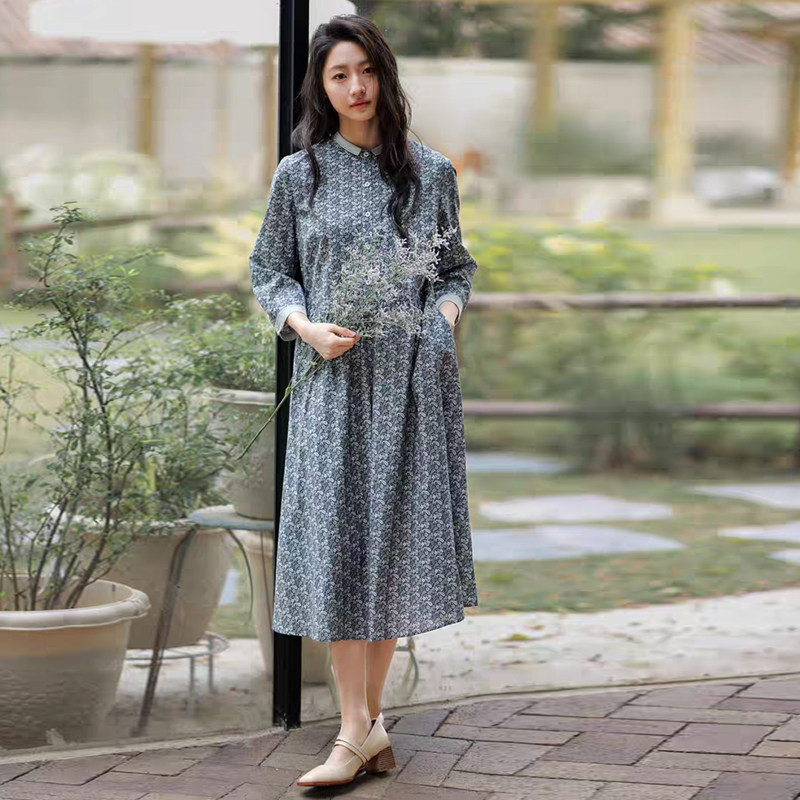 2026春秋新款纯棉印花连衣裙文艺复古拼接小翻领中长款a字裙修身