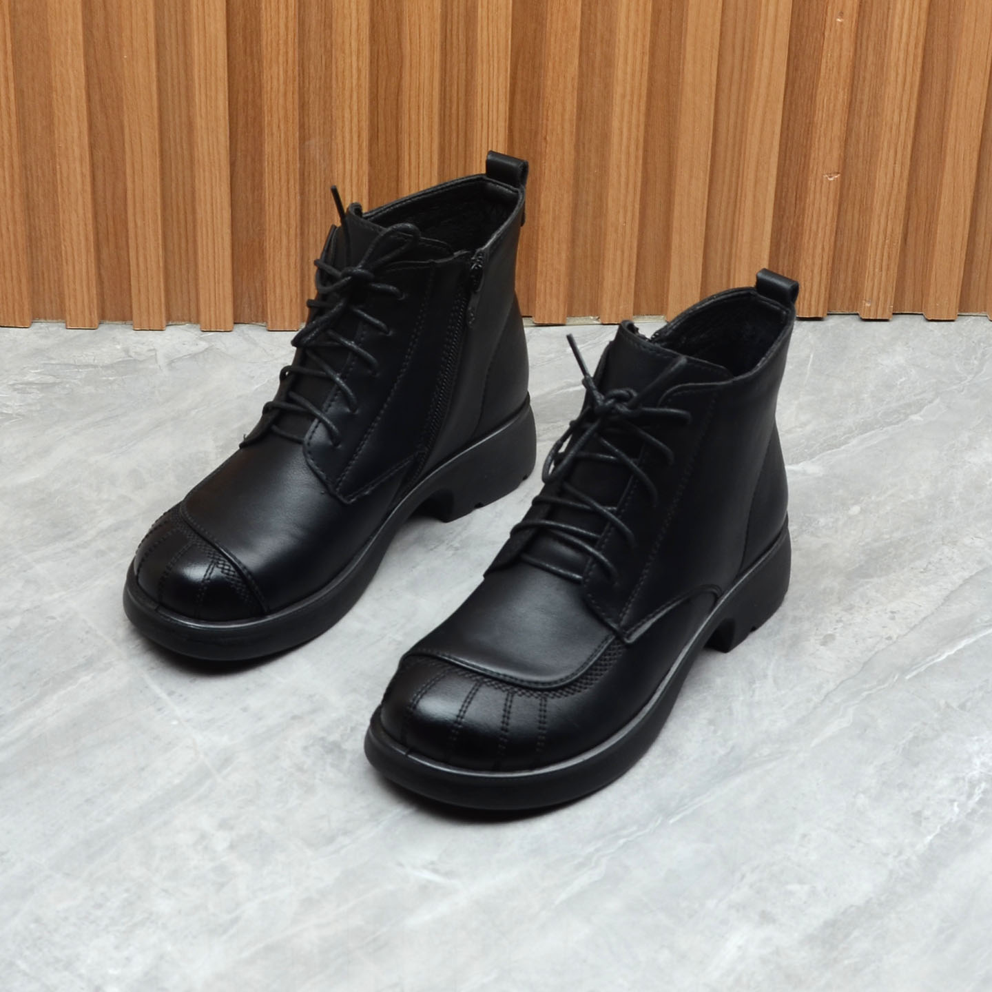 加绒保暖妈妈靴软皮粗跟英伦女靴