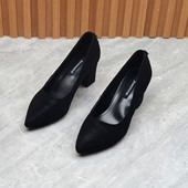 小赵家 浅口百搭职业粗跟7CM水钻女单鞋 黑色工作鞋 春秋尖头高跟鞋