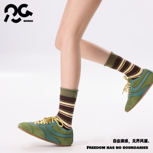 Rougo罗口女拼接卷边撞色中筒袜