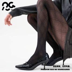 Rougo罗口菱格春秋黑丝袜女薄款 袜亚文化打底袜 防勾丝性感连裤
