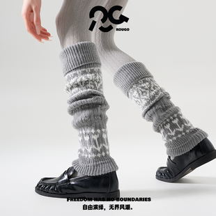 费尔岛|复古提花羊毛翻折堆堆中筒袜套女秋冬款灰色针织保暖加厚
