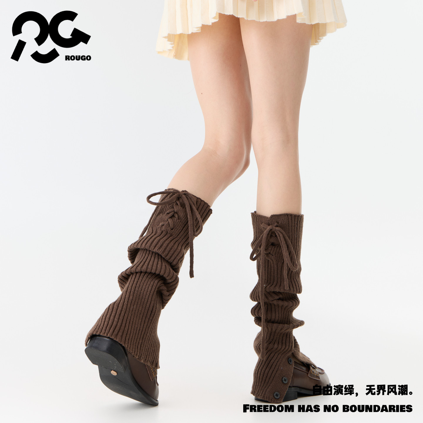 Rougo罗口中筒纽扣绑带蝴蝶结针织袜套堆堆袜子女士秋冬季普拉提