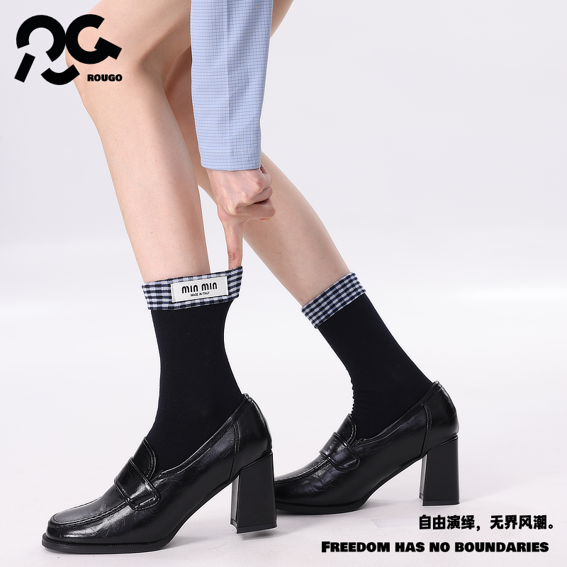 Rougo罗口中筒袜拼接格子花边袜子女款夏季薄款堆堆袜外穿潮棉