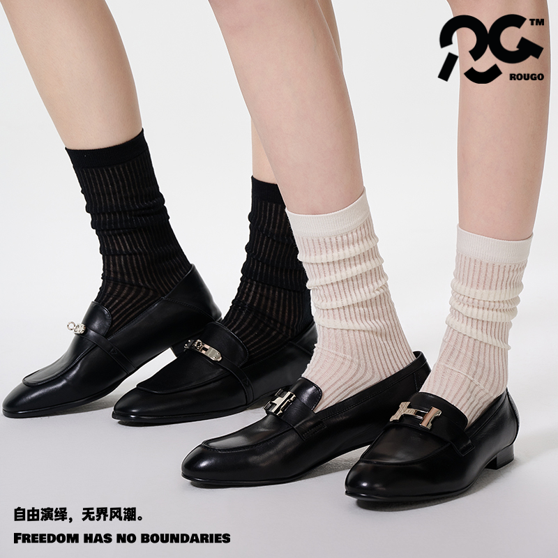 Rougo竖条纹中筒堆堆女袜子