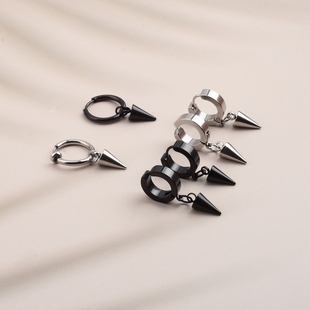 新潮个性尖锥耳环朋克男士黑色耳扣港风女孩街拍耳夹气质简约饰品