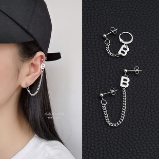 简约一体式双耳洞耳链个性甜酷女生耳环钛钢字母链条无耳洞耳夹男