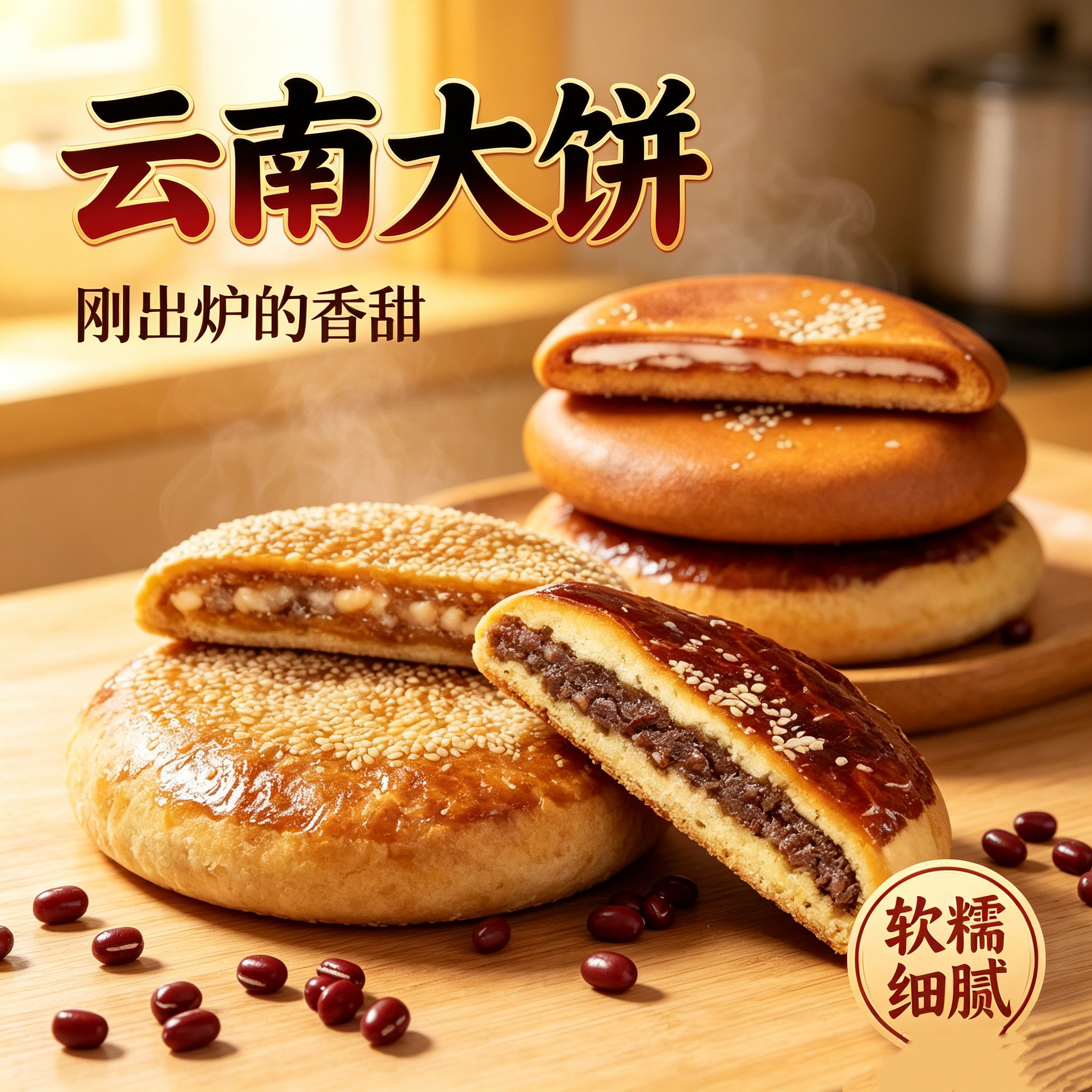 贤嘉丽清真云南特产滇式大荞饼三香苏麻豆沙白糖三和合大饼400g