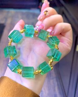 老矿料原石碧玺手链女款手串饰品冰透随形彩虹串珠原创设计18K金