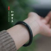 天然新疆和田青玉塔青乌鸡黑手镯墨绿色美人条方镯男女款 素圈玉镯