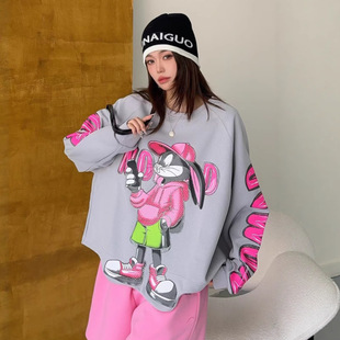 宽松大版 卫衣女秋冬新款 百搭上衣 印花字母卡通兔插肩长袖 欧货时尚