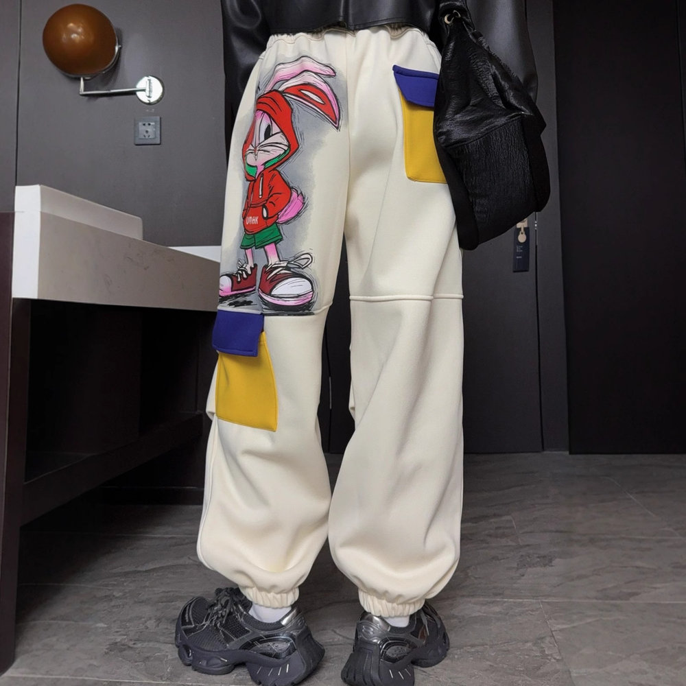 束脚厚通勤高腰长裤拼接卡通均码