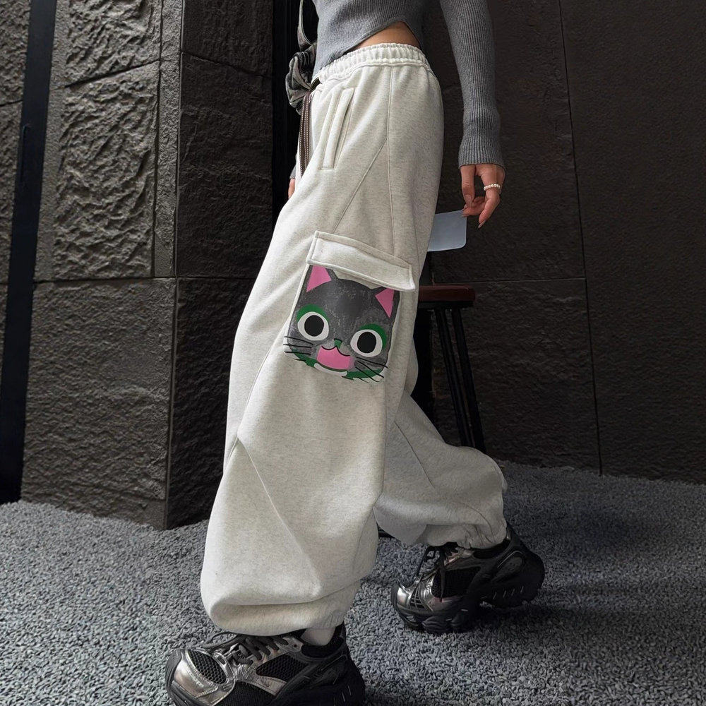 美式潮牌工装裤女冬季2025新款高腰口袋加绒卡通洋气运动束脚卫裤,女装/女士精品,卫裤,淘宝优惠券,粉丝福利购,淘宝优惠卷