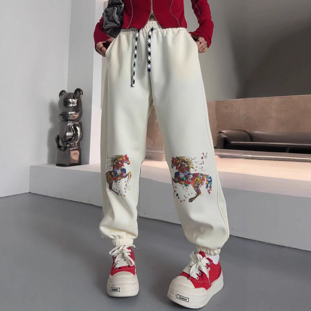新年骏马百花图潮流艺术印花卫裤春季新款宽松休闲时尚百搭长裤子,女装/女士精品,卫裤,淘宝优惠券,粉丝福利购,淘宝优惠卷