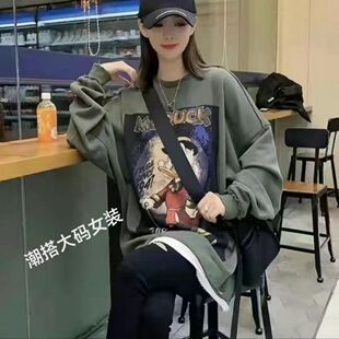 加绒保暖外套秋冬新款纯棉宽松上衣韩版破洞拼接假两件卡通卫衣