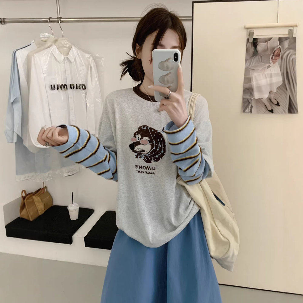 韩版条纹拼接打底衫上衣刺绣围巾狗假两件卡通长袖t恤女春秋款,女装/女士精品,T恤,淘宝优惠券,粉丝福利购,淘宝优惠卷